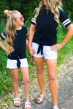 Blue Crew Neck Tie Front Top Mom and Daughter Matching Outfit