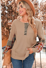 Straw Yellow Waffle Stripe Plaid Patchwork Henley Top