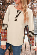 Straw Yellow Waffle Stripe Plaid Patchwork Henley Top