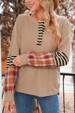 Straw Yellow Waffle Stripe Plaid Patchwork Henley Top