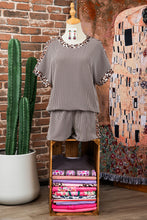 Light Grey Leopard Trim Twist Ribbed Short Set