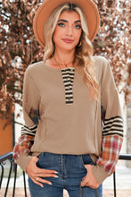 Straw Yellow Waffle Stripe Plaid Patchwork Henley Top
