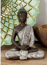Hover Image to Zoom Black Polystone Meditating Buddha Sculpture with Engraved Carvings and Relief Detailing 8.5 inches