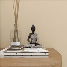 Hover Image to Zoom Black Polystone Meditating Buddha Sculpture with Engraved Carvings and Relief Detailing 8.5 inches