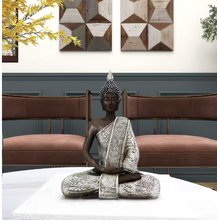 Hover Image to Zoom Black Polystone Meditating Buddha Sculpture with Engraved Carvings and Relief Detailing 8.5 inches